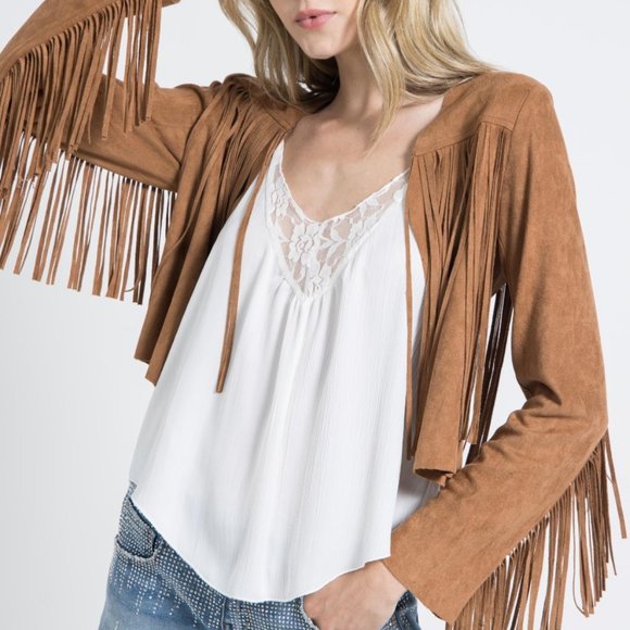 new VOCAL TASSELS FAUX SUEDE FRINGE JACKET boho western camel S-XL cropped rodeo - Picture 8 of 8